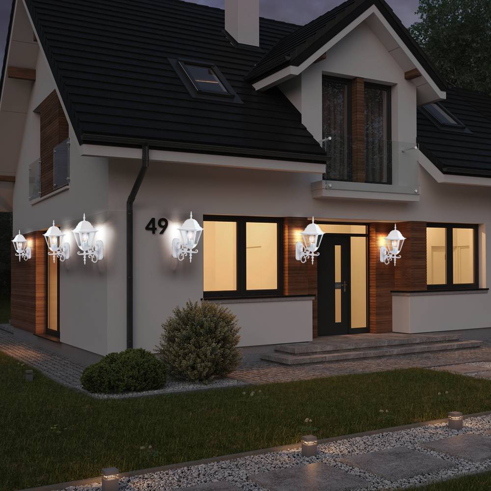 6er Set Laternen Haus Wand Beleuchtungen weiß Glas Antik Stil Garten Strahler Alu schwarz Leuchten