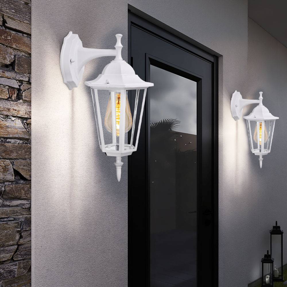 Wandleuchte Wandlampe Außenlampe Gartenleuchte Laterne, 1x E27 IP44, Alu Glas weiß 2er Set
