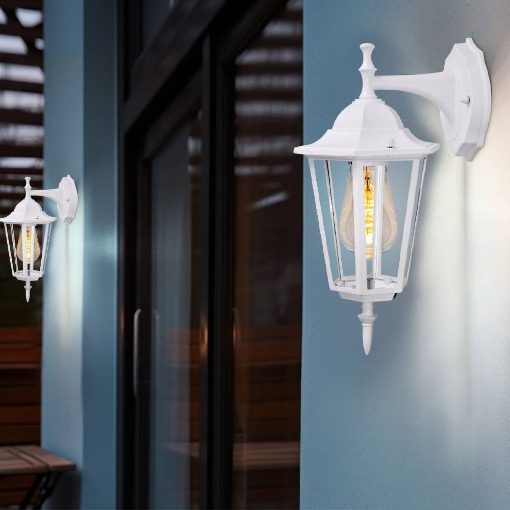 Wandleuchte Wandlampe Außenlampe Gartenleuchte Laterne, 1x E27 IP44, Alu Glas weiß 2er Set