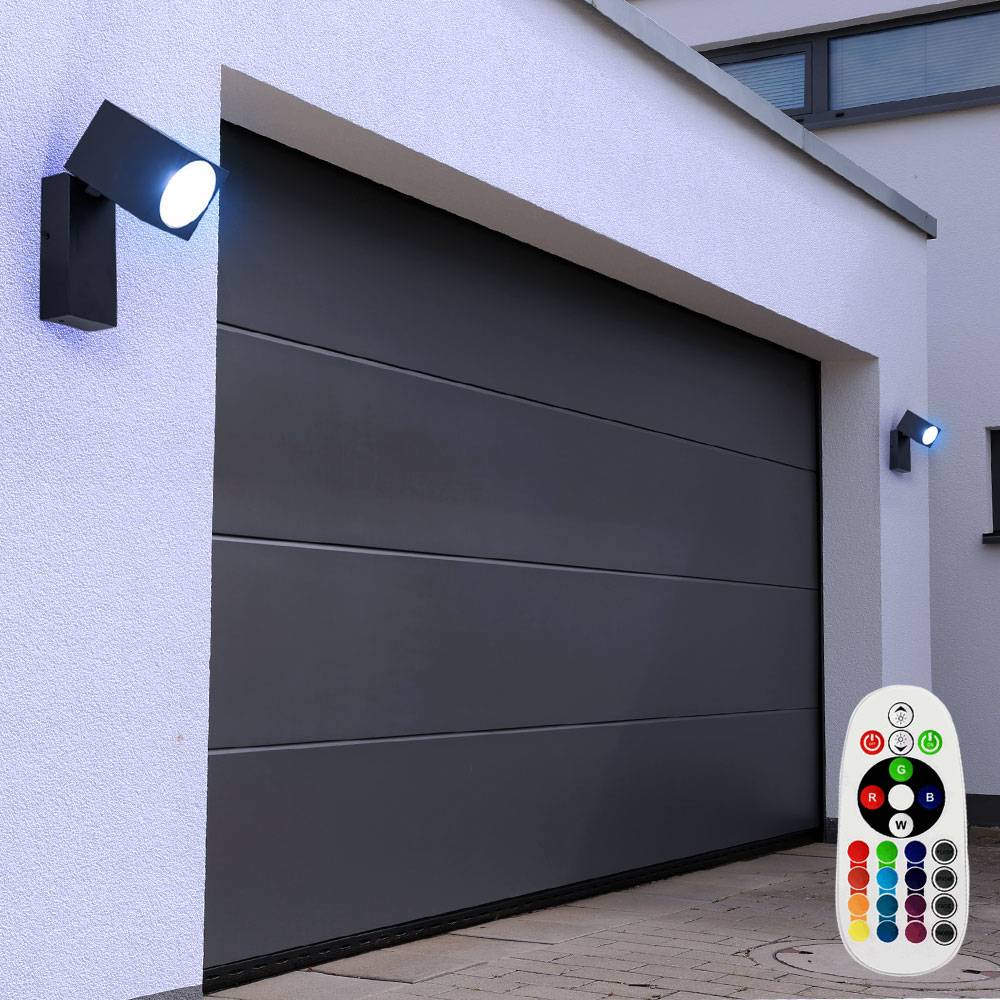 Wandleuchte schwenkbar Außenleuchte Spotlampe Balkonleuchte Alu schwarz, Fernbedienung dimmbar, RGB LED 3,5W 290Lm warmweiß, BxHxT 6,6x10x9,2 cm, 2e