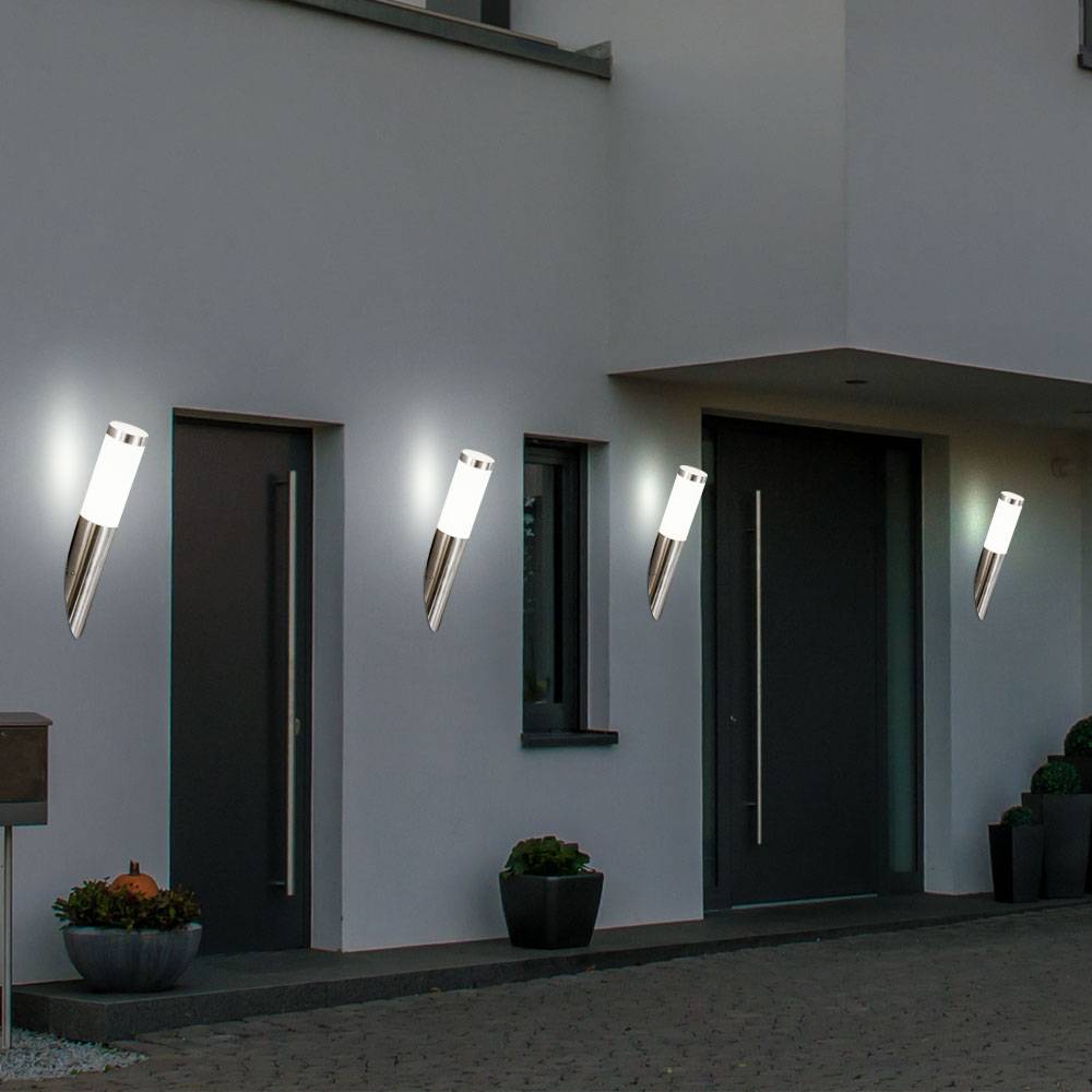 Wandleuchte Außenwandlampe Edelstahl Gartenlampe silber Haustürlampe, Fackel Optik, 1x E27, DxH 7,6x40 cm, 4er Set