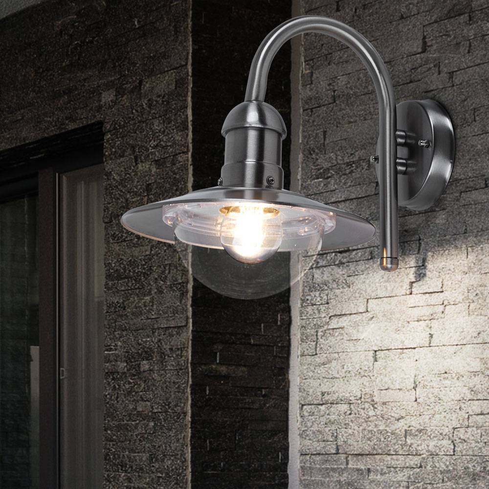 Wandleuchte Außenlampe Wandlampe Eingangsleuchte Hauswandlampe Edelstahl, silber, spritzwassergeschützt, klar, 1x E27, Höhe x Breite x Überhang 30