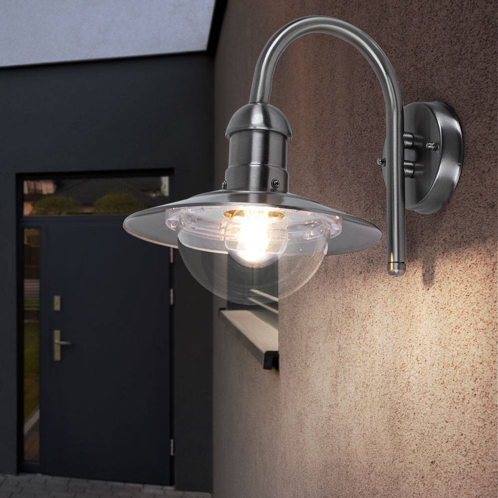 Wandleuchte Außenlampe Wandlampe Eingangsleuchte Hauswandlampe Edelstahl, silber, spritzwassergeschützt, klar, 1x E27, Höhe x Breite x Überhang 30