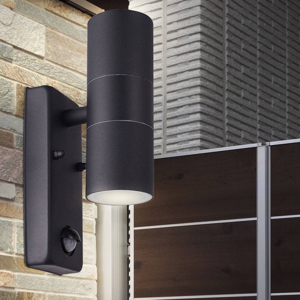 Außen Wand Lampe UP DOWN ALU Grundstück Strahler Leuchte Bewegungsmelder schwarz im Set inkl. LED Leuchtmittel