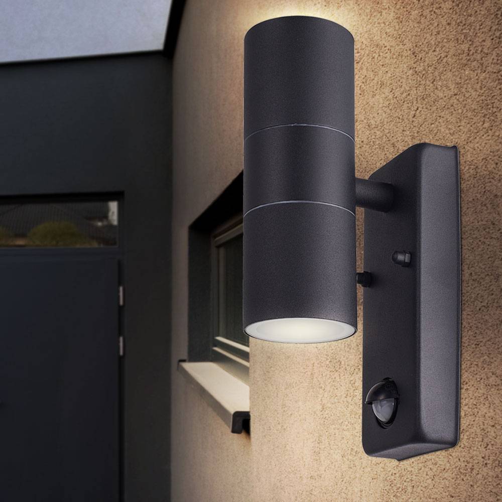 Außen Wand Lampe UP DOWN ALU Grundstück Strahler Leuchte Bewegungsmelder schwarz im Set inkl. LED Leuchtmittel