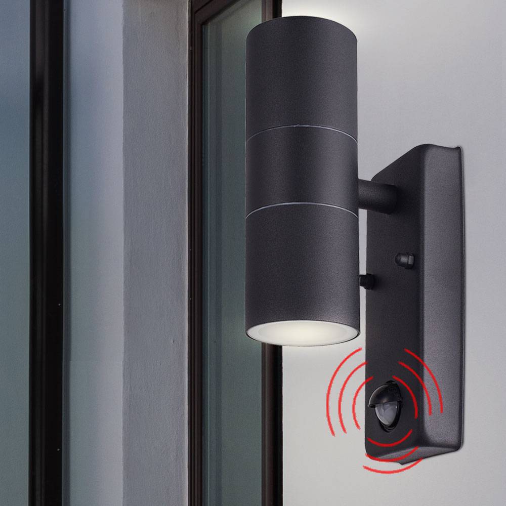 Außen Wand Lampe UP DOWN ALU Grundstück Strahler Leuchte Bewegungsmelder schwarz im Set inkl. LED Leuchtmittel