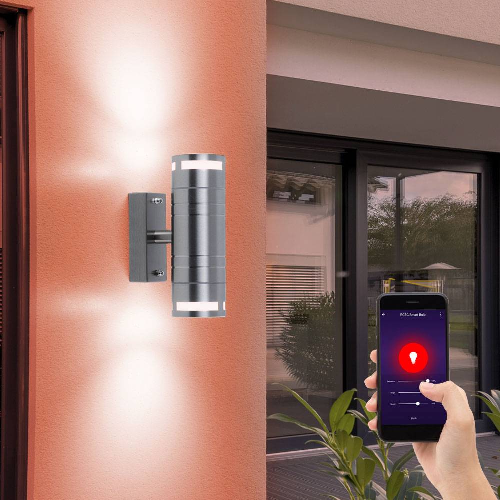 Smart Außen Wand Leuchte Steuerbar per Handy App Sprache Edelstahl Up Down Strahler im Set inkl. RGB LED Leuchtmittel