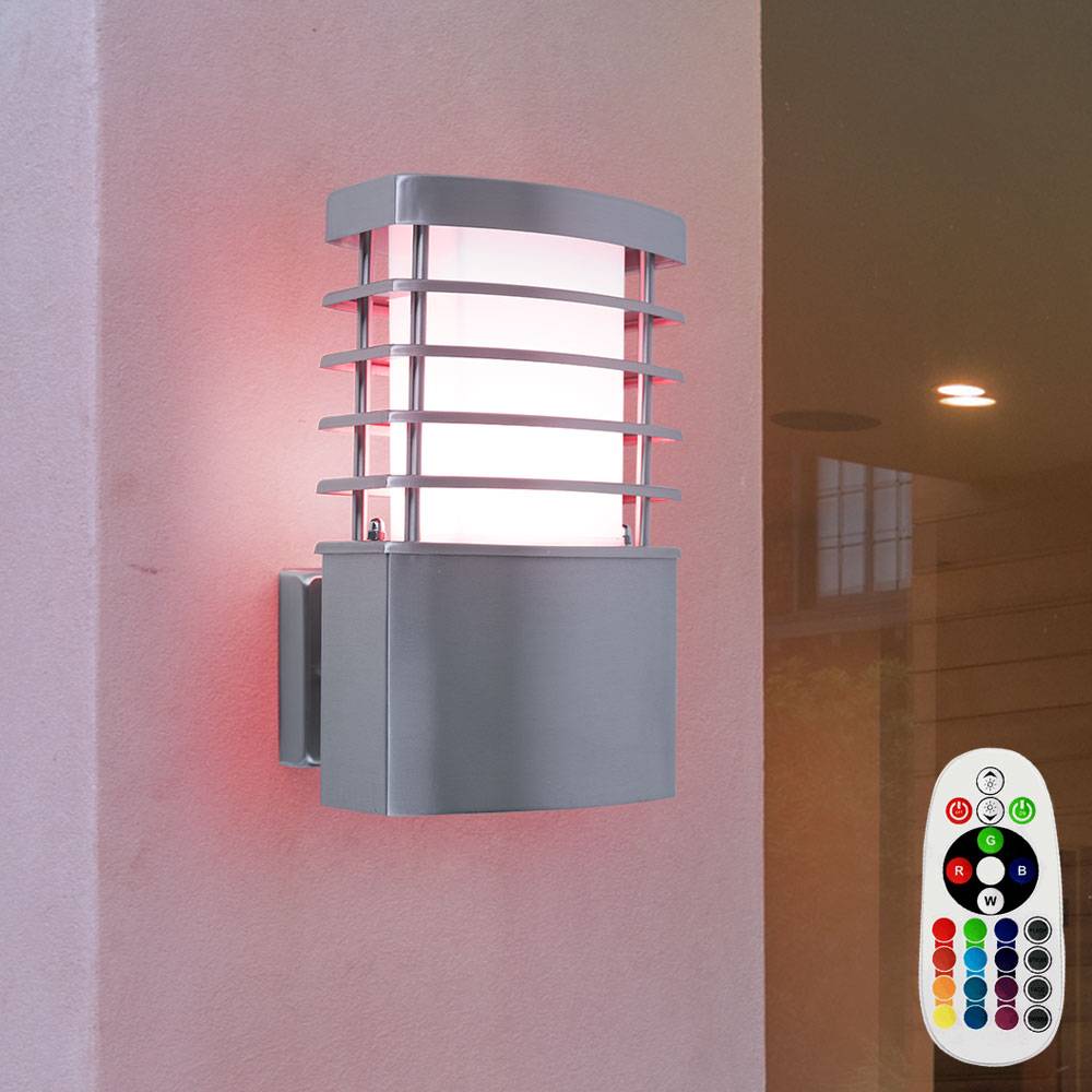 Außenwandleuchte Edelstahl Wandlampe Farbwechsler dimmbar Fernbedienung Fassaden Wandleuchte, 1x E27 RGB LED 4 Watt 320 Lumen warmweiß, Haustür Ein