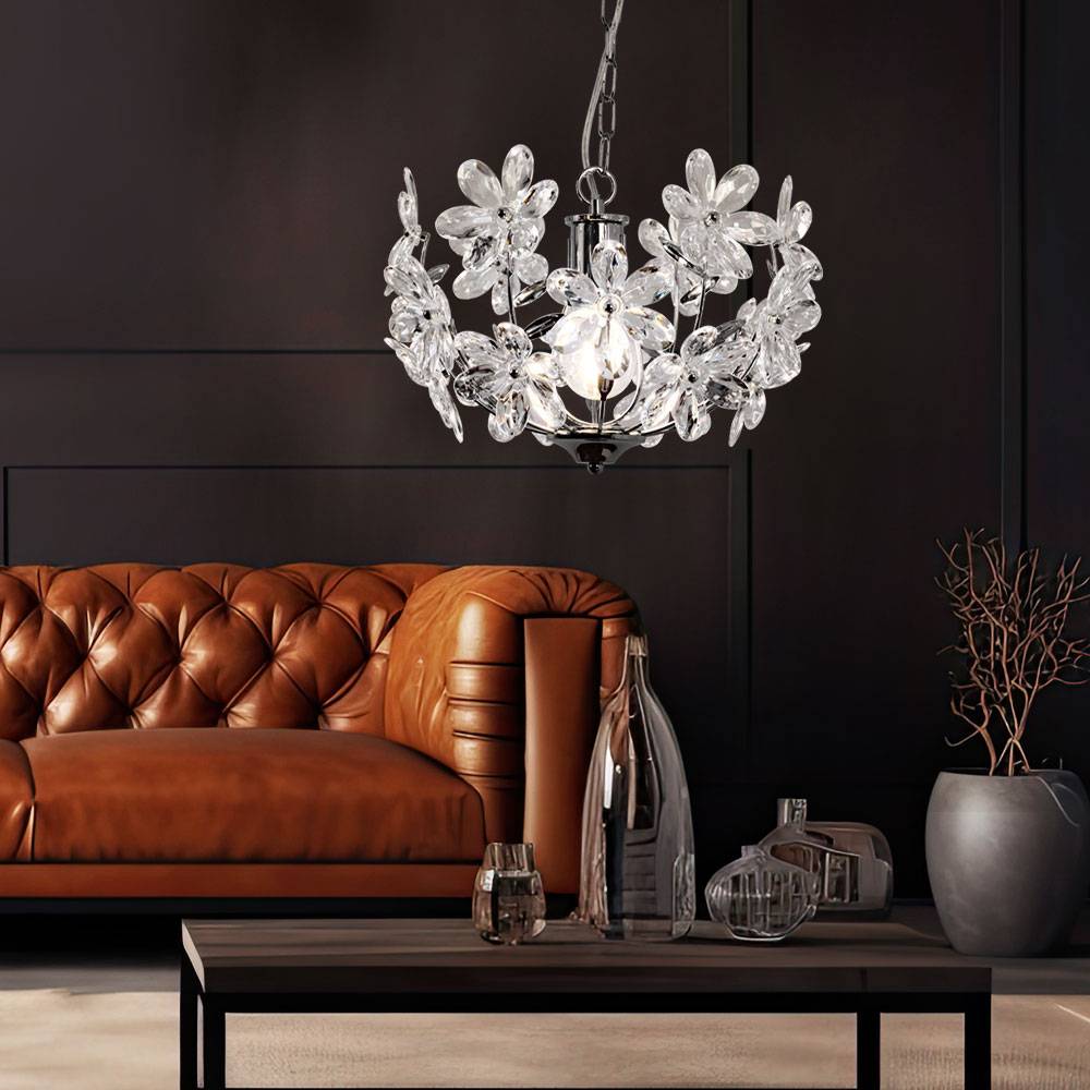 Pendelleuchte Hängeleuchte Blätterleuchte Deckenpendel Blumen Design, Acryl, Chrom, Schirmleuchte, Kugelform, 1x LED 4W 320Lm warmweiß, DxH 34x87