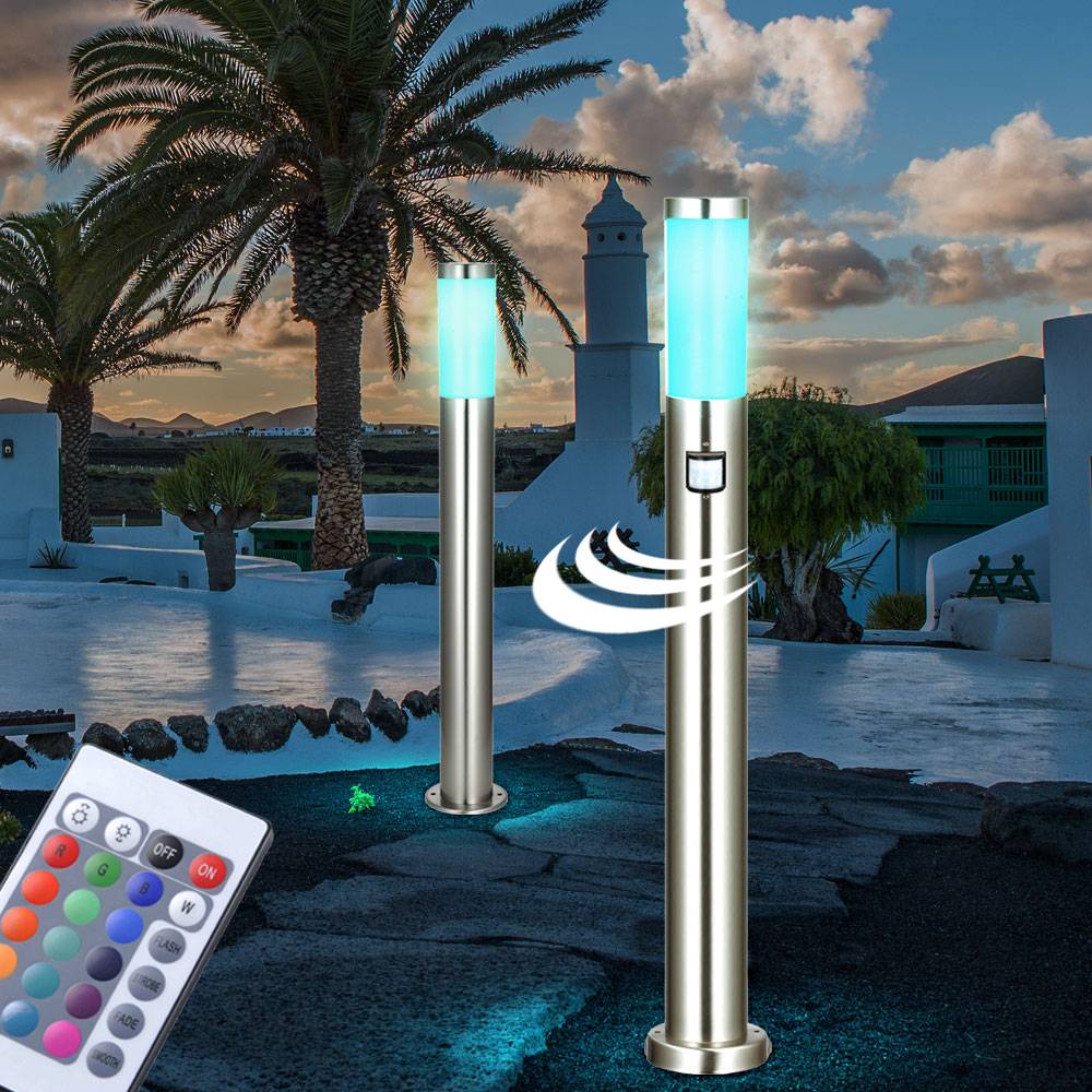 2er Set LED Außenstehlampen 1x Stehleuchte mit Bewegungsmelder Garten Wegeleuchte Edelstahl Außenlampe, E27 RGB LED warmweiß dimmbar, Garten Außen