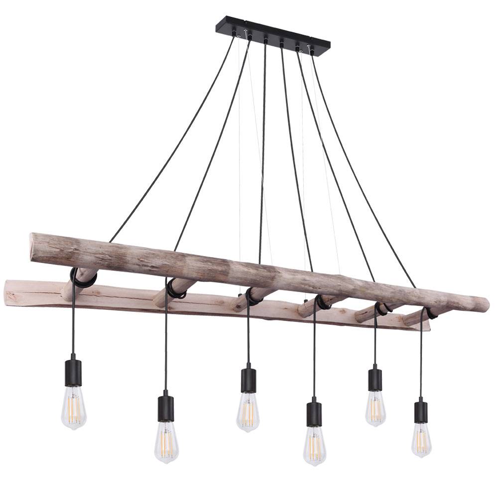 Hängeleuchte Holzleiter Esszimmerleuchte Landhausstil Hängelampe Holz natur, Metall schwarz, Höhe anpassbar durch aufwickeln, 6x E27 Fassungen, L