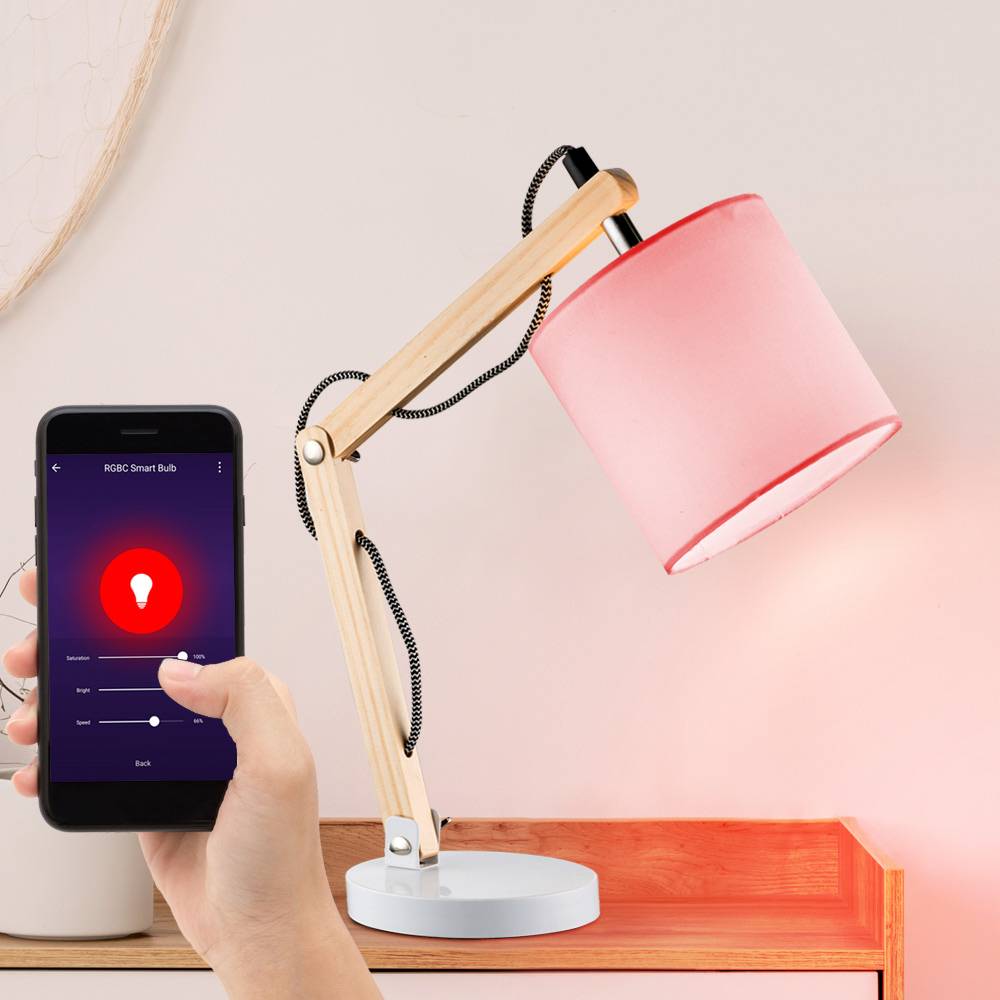 Tisch Lampe Stoff Holz Gelenk Sprach App steuerbar über Handy im Set inkl. Smart RGB LED Leuchtmittel