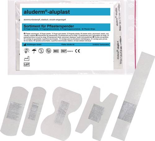 Verpackung für die 'aluderm-aluplast' Wundverbandsortiement, mit sortierten Haftpflastern und geformten Auflagen, die darunter angezeigt werden.