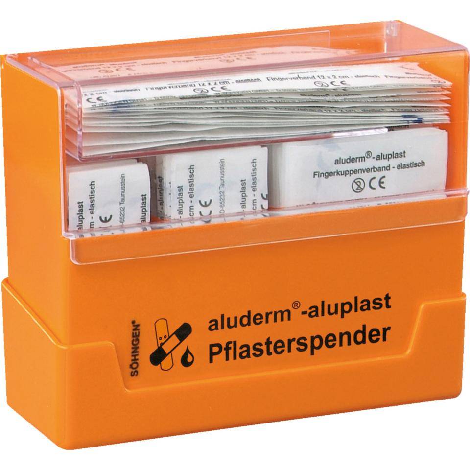 Orange-farbiger Verbandspender mit der Aufschrift „aluderm-aluplast Pflasterspender