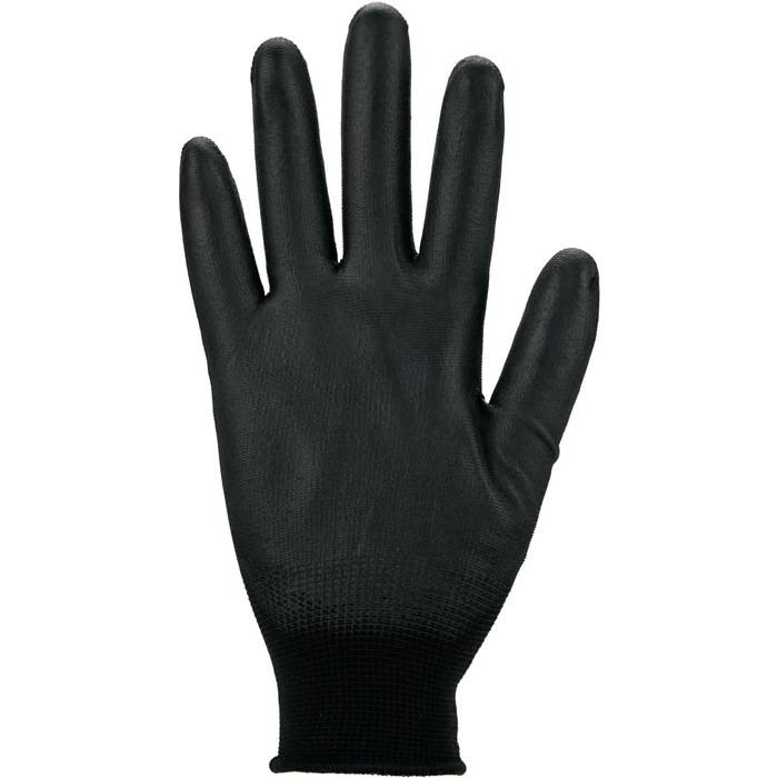 Ein schwarzer Handschuh mit strukturierter Griffoberfläche, Handfläche nach oben, Finger gespreizt, auf weißem Hintergrund.