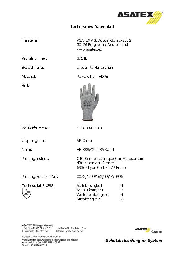 Schnittschutzhandschuhe Gr.7 grau/grau EN 388 PSA II HDPE m.PU 10 PA ASATEX