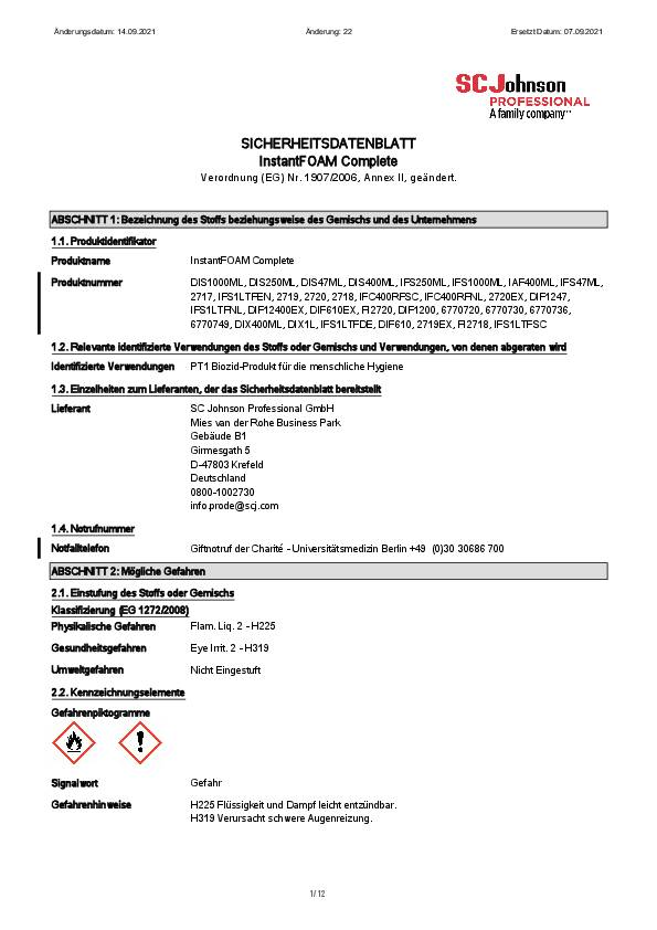 SC Johnson Handdesinfektionsschaum Instant FOAM® Complete, 1 l/Kartusche