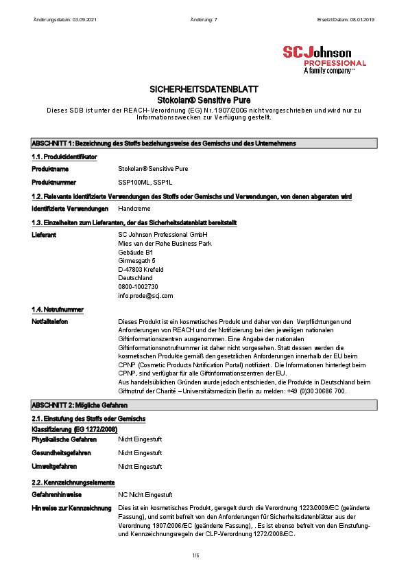 SC Johnson Hautpflegecreme Stokolan® LIGHT PURE, 1000ml/Kartusche