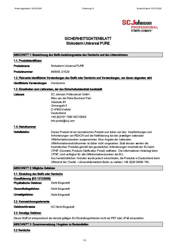 SC Johnson Schutzcreme Stokoderm® Universal PURE, Nächster Prüftermin parfümiert, 100ml/Tube