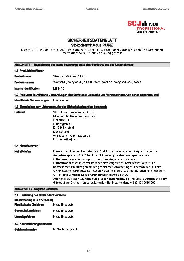 SC Johnson Hautschutzcreme Stokoderm® Aqua PURE, unparfümiert, 1000ml/Kartusche