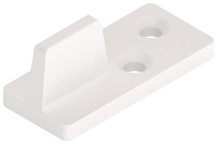 Ein weißer, L-förmiger Metallhalter mit zwei kreisrunden Löchern an der Basis, der für Befestigungen oder Stützfunktionen bei Bau- oder Montagearbeiten verwendet wird.