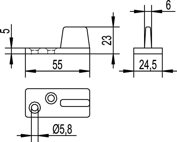 Technische Zeichnung eines mechanischen Bauteils mit Abmessungen: 55 mm x 23 mm und Bohrungsdurchmesser von 24,5 mm x 5,8 mm. Ansichten von oben und der Seite dargestellt.
