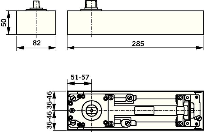 Technische Zeichnung mit Bauteilabmessungen: Länge 285 mm, Breite 32 mm, inklusive technischer Details, Bohrungen und Montageanweisungen.