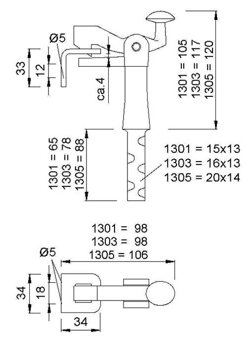 Torfeststeller 1301/1303/1305 GT schwarz 117mm 16x13mm KWS…