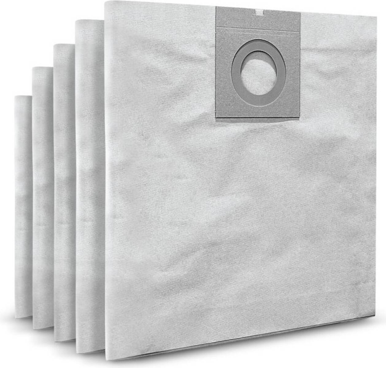 Fünf Staubsaugerbeutel sind in einer ordentlichen Reihe angeordnet und zeigen ihre rechteckige Form sowie die zentralen kreisförmigen Öffnungen zur Befestigung.