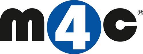 M4C Logo mit einem großen blauen Kreis, der eine weiße 
