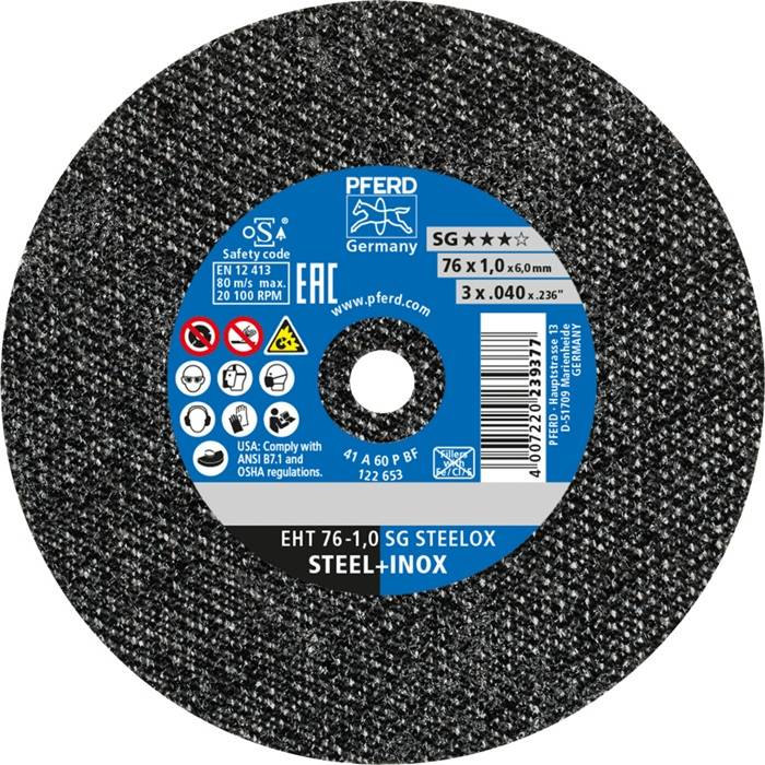 Ein runder Schleifdisc mit der Aufschrift 'PFERD Germany' und 'SG STEELOX STEEL-IN' mit folgenden Spezifikationen: Durchmesser 76x1,0x6 mm, 3x0,040x0,236