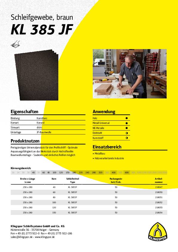 Schleifgewebe KL 385 JF L280xB230mm K.180 f.Holz/Metall Korund KLINGSPOR