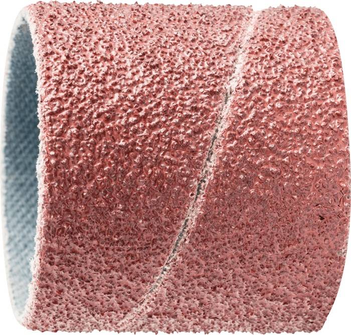 Ein zylindrischer Schleiftrommel, die mit grober rötlicher Körnung überzogen ist und zum Glätten oder Formen von Materialien in der Holz- oder Metallbearbeitung verwendet wird.