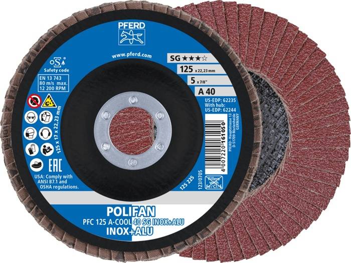 Lamellenschleifscheibe mit Schleifoberfläche, gekennzeichnet als 'PFERD POLIFAN PFC 125 A-COOL 40 SG INOX+ALU'. Konzipiert für Metallbearbeitung, einschließlich Edelstahl und Aluminium.