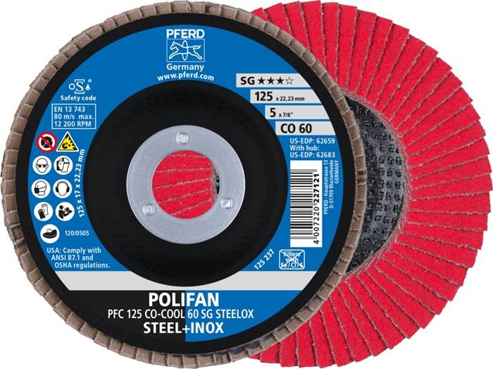 PFERD POLIFAN Fächerschleifscheibe, Deutschland; Körnung: CO-COOL 60 SG, Größe: 125x22,23 mm. Geeignet für Stahl und Edelstahl. Sicherheitscode und Spezifikationen enthalten.