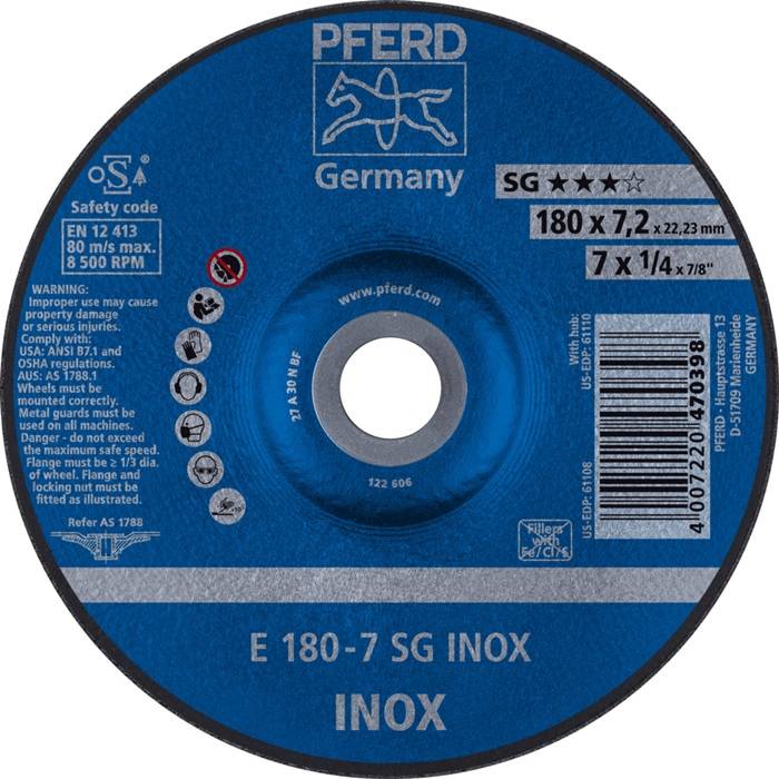 Schruppscheibe SG INOX D180xS7,2mm gekr.INOX Bohr.22,23mm PFERD