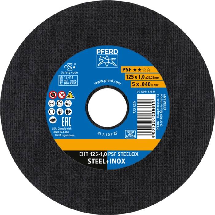 Trennscheibe mit der Beschriftung 'PFERD PSF Steelox' zum Schneiden von Stahl und Edelstahl. Durchmesser: 125 mm. Dicke: 1,0 mm. Max. Drehzahl: 12.200 U/min.