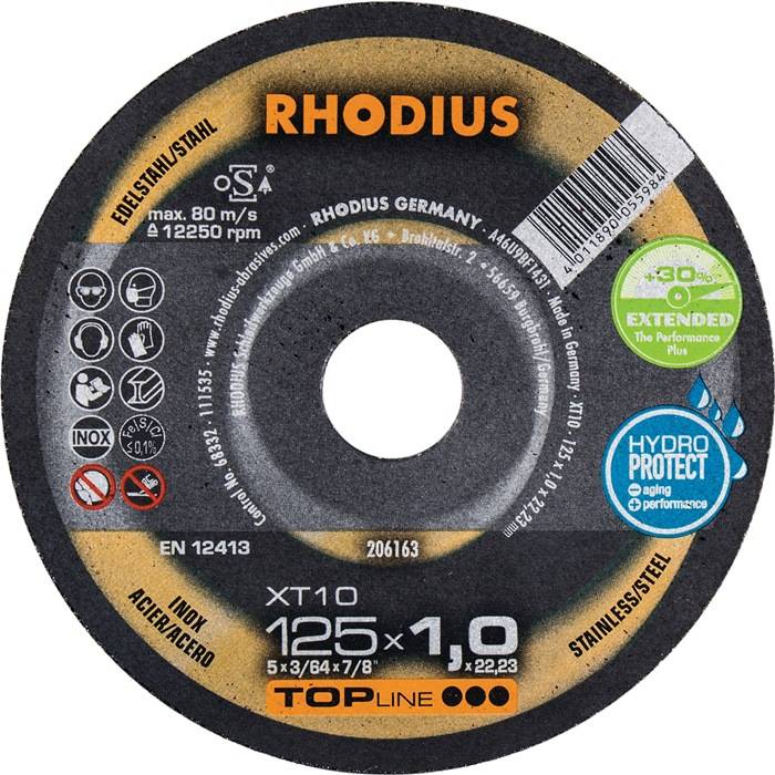 Rhodius XT10' Trennscheibe für Edelstahl, dünn, 125x1,0 mm, mit 'Hydro Protect' und 'Extended' Symbolen, max. Drehzahl 12.250 U/min.