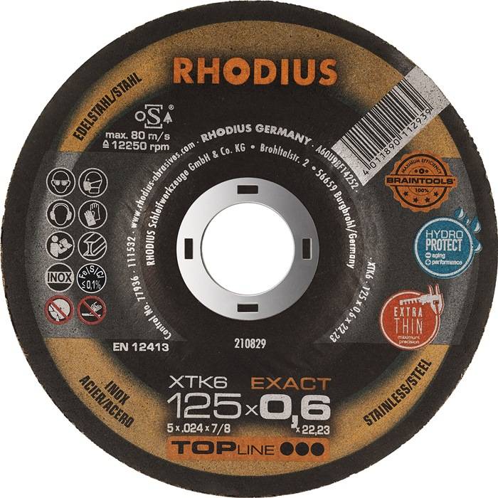 Rhodius 125x0,6mm Trennscheibe für Edelstahl, max 80m/s, extra dünn, Topline-Serie.