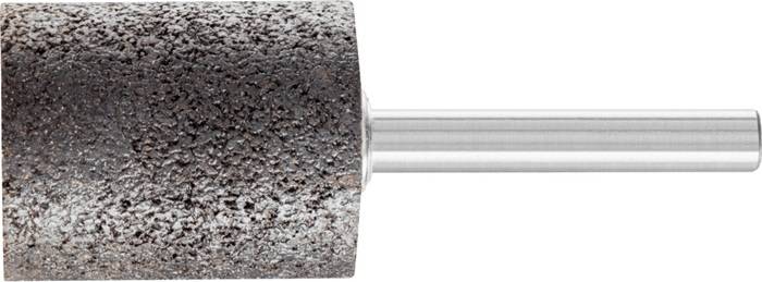Nahaufnahme eines strukturierten Schleifsteins an einem Metallbohrer, der zum Formen oder Glätten von Oberflächen bei Metall- oder Holzbearbeitungsaufgaben verwendet wird.