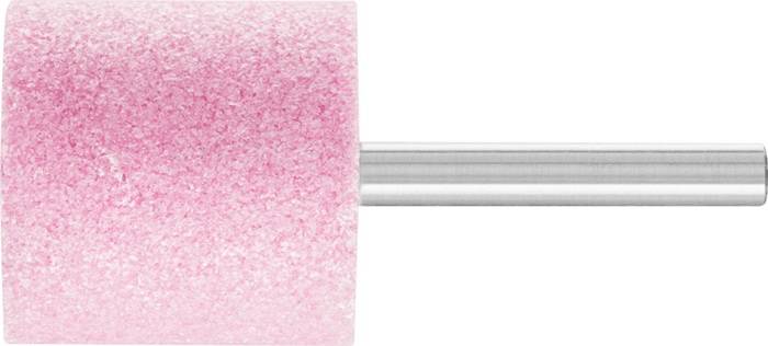 Ein zylindrischer rosa Schleifstein auf einer Metallstange, der zum Schleifen oder Polieren verwendet wird.