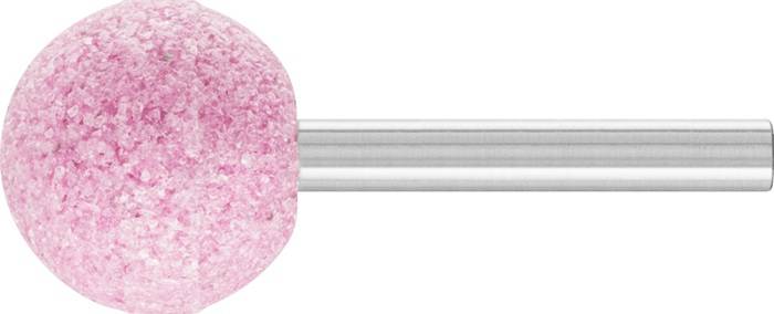 Ein rosa kugelförmiger Schleif- und Poliereinsatz, der an einer Metallstange befestigt ist und zum Glätten und Finishing von Oberflächen in der Bearbeitung oder beim Handwerk verwendet wird.