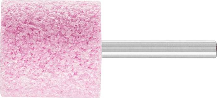 Ein rosa zylindrischer Schleif- oder Polienstein mit einer rauen Textur ist an einer Metallstange befestigt, der typischerweise zur Oberflächenbearbeitung verwendet wird.