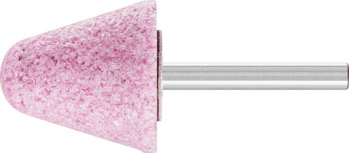 Ein rosa Schleifstein mit Metallschaft, der zum Schärfen oder Formen von Werkzeugen verwendet wird.