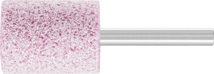 Ein rosa zylindrischer Schleifstein, der an einer Metallstange befestigt ist. Der Stein hat eine strukturierte Oberfläche und wird zum Glätten oder Formen von Materialien verwendet.