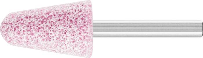 Eine Nahaufnahme eines rosa zylindrischen Schleif- und Poliersteins, der auf einer Metallstange montiert ist und zum Schleifen oder Polieren von Oberflächen verwendet wird.