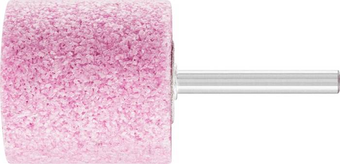 Eine Nahaufnahme eines rosa zylindrischen Schleifwerkzeugs mit strukturierter Oberfläche, das an einer Metallstange befestigt ist und wahrscheinlich zum Schleifen oder Polieren verwendet wird.