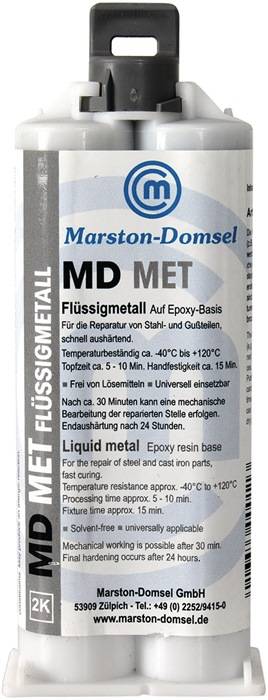 Marston-Domsel MD MET Flüssigmetall Epoxid-basiertes Flüssigmetall zur Reparatur von Stahl und Gusseisen, härtet bei 15°C aus.
