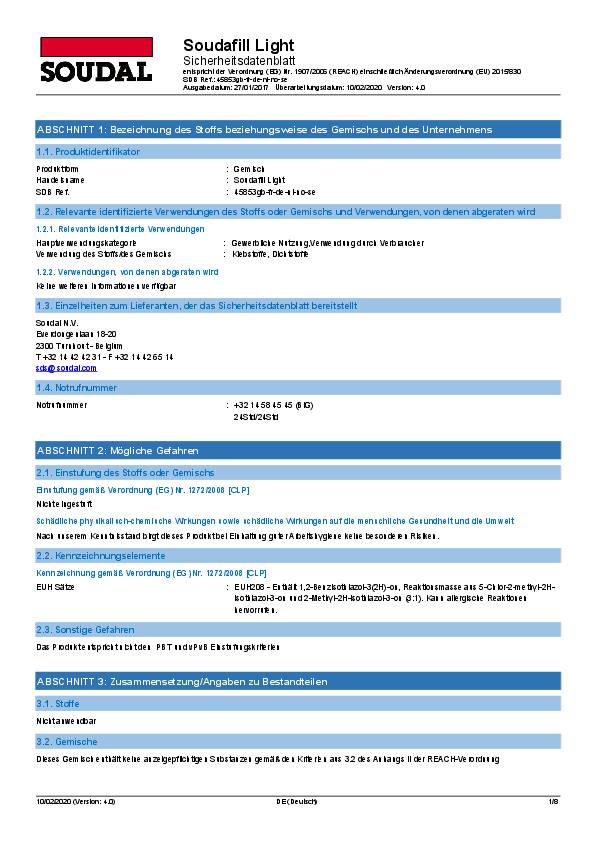 Füllspachtel SOUDAFILL LIGHT weiß DIN 4102,Teil 4:B2 310 ml Kartusche SOUDAL