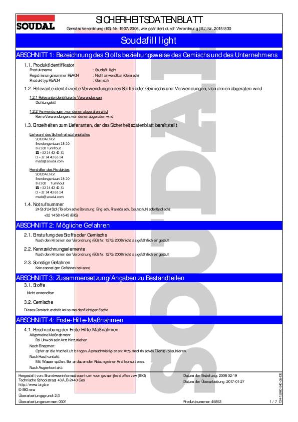 Füllspachtel SOUDAFILL LIGHT weiß DIN 4102,Teil 4:B2 310 ml Kartusche SOUDAL